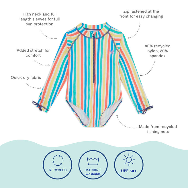 UV Protective Long Sleeve Swimsuit Multi Stripe with a high neck, long sleeves, front zip, and made from recycled materials.